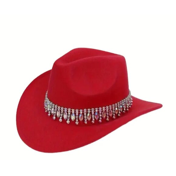 Red Rhinestone Cowgirl Hat Western Felt Rodeo Fedora with Bling Crystal Band - Picture 1 of 3